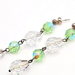 Clear and Irridescent Pale Green Crystal Beaded Long Dangle Drop Post Earrings